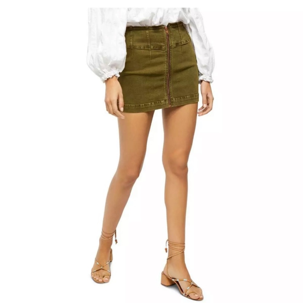 Free People Virgo Green Denim Front Zip Mini Skirt Size 27